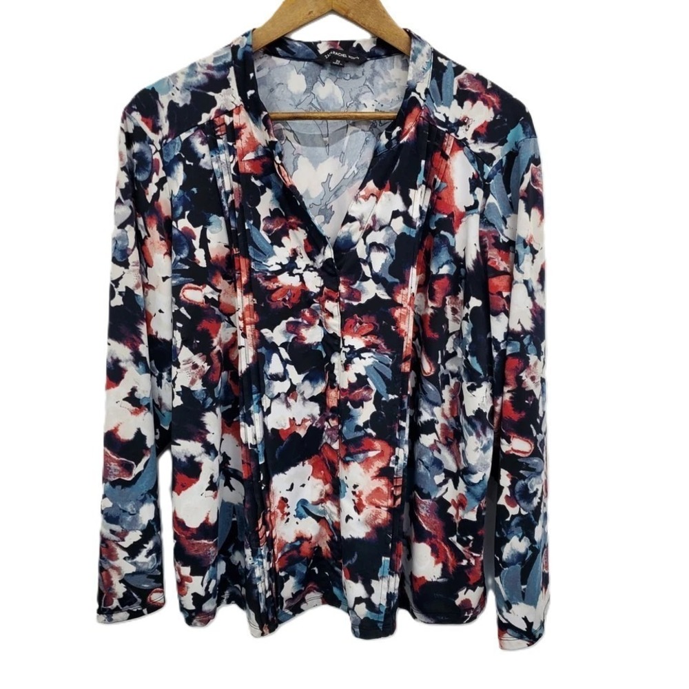 Zac & Rachel Plus 2X Long Sleeve Stretch Floral Abstract Blouse Split Neck